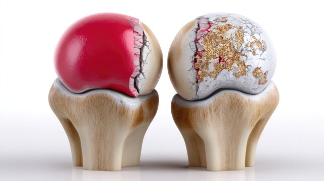 Arthritic Joint Comparison: A stark visual comparison of a healthy red joint capsule and a severely degenerated, worn-out arthritic joint.