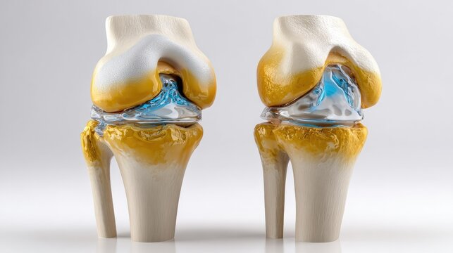 Knee Joint Model: A detailed anatomical model showcases the complexity of a healthy knee joint compared to one with wear and tear, highlighting bone structure and cartilage.