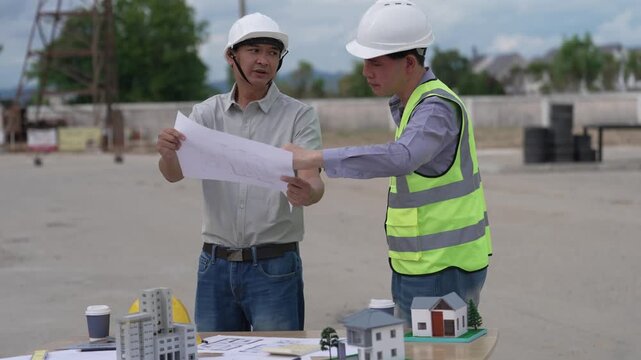 Architect and Civil Engineer Discussing Building Plans with Architectural Models and Blueprint on Worktable