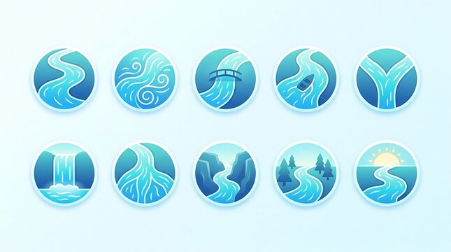 Set of blue circular water and landscape icons.