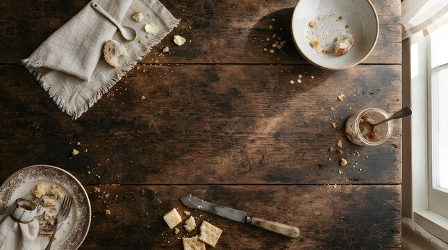 Rustic Wooden Table Surface Flatlay Background with Food Crumbs