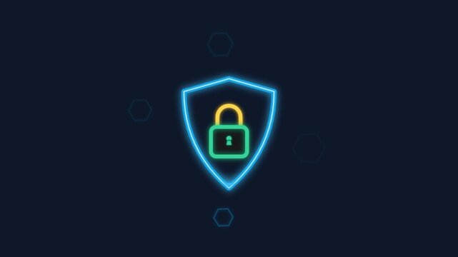Glowing Neon Cybersecurity Shield Padlock Animation for Data Protection and Network Safety
