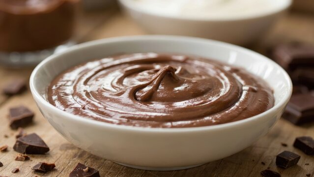 Chocolate mousse in a white bowl on a wooden table.