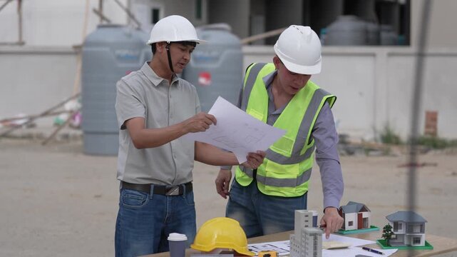 Architect and Civil Engineer Discussing Building Plans with Architectural Models and Blueprint on Worktable