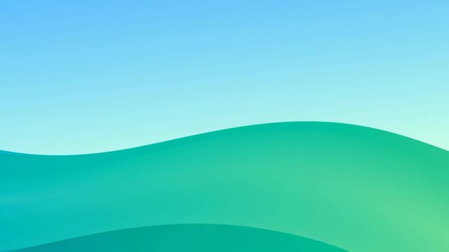 Minimal abstract landscape with smooth green and turquoise waves under a clear blue sky, creating a clean modern background with generous copy space.