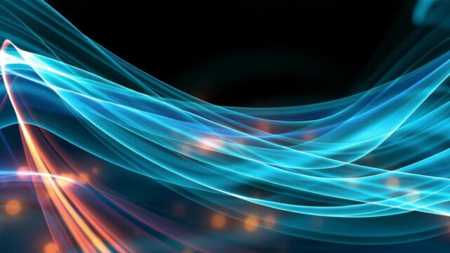 Abstract blue light waves flowing across a dark background with subtle orange glow, creating a futuristic visual for technology, data, energy and digital motion.