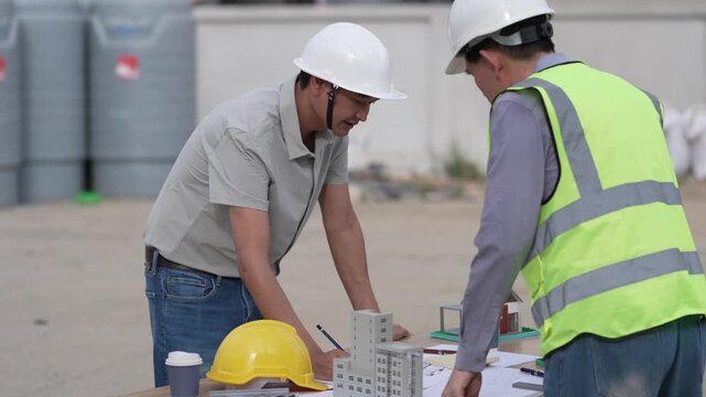 Architect and Civil Engineer Discussing Building Plans with Architectural Models and Blueprint on Worktable