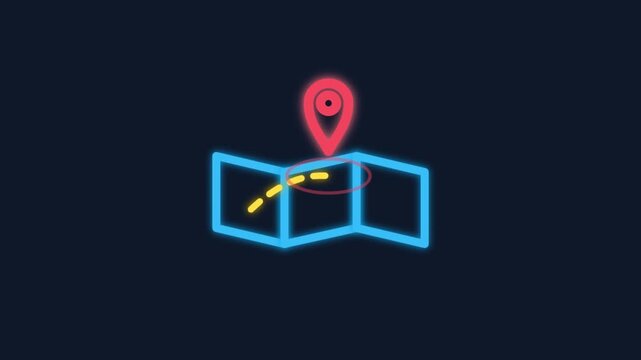 Glowing Neon Folded Map Icon Animation with Red Location Pin Marker Drop