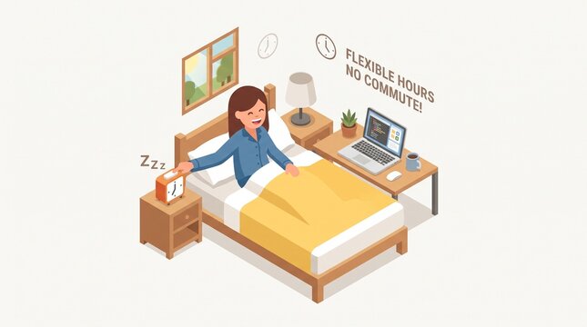 Woman Waking Up in Bed With Flexible Work Schedule, No Commute Remote Job Concept, Turning Off Alarm Clock with Laptop on Desk, Flat Vector Illustration