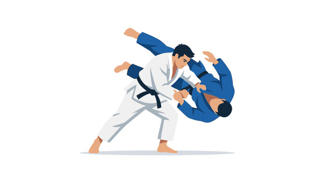 Professional judo athletes in white and blue gi performing a dynamic hip throw technique vector illustration
