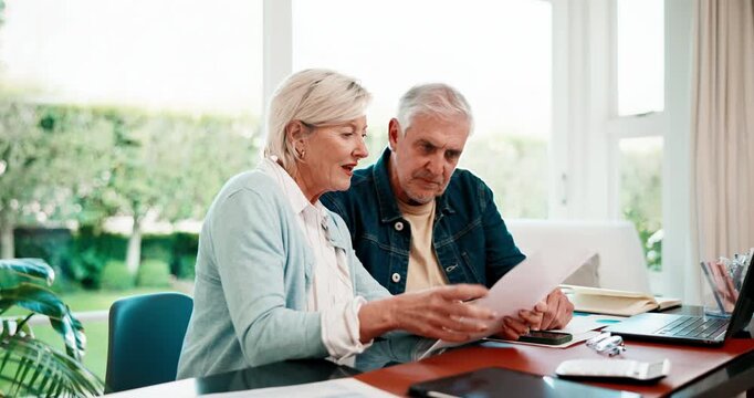 Senior, couple and finance with documents in home for income mapping, budget planning and flare. Marriage, people and discussion with invoice for financial summary, explain tax filing or pension fund
