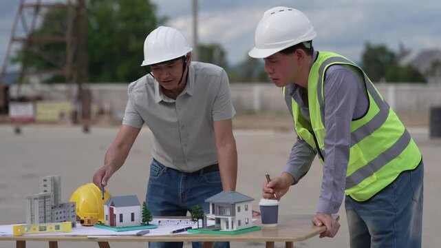 Architect and Civil Engineer Discussing Building Plans with Architectural Models and Blueprint on Worktable