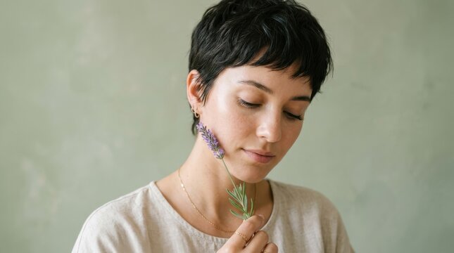 Young Woman With Short Dark Hair Holding Fragrant Purple Lavender Sprig Against Soft Green Background Expressing Natural Beauty And Serene Mindfulness