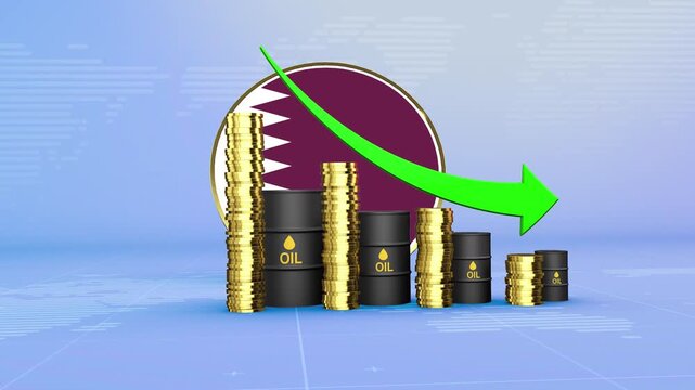 Qatar Oil Prices Decline with Oil Barrels, Gold Coins and Downward Green Arrow, 3D Economic and Financial Market Concept