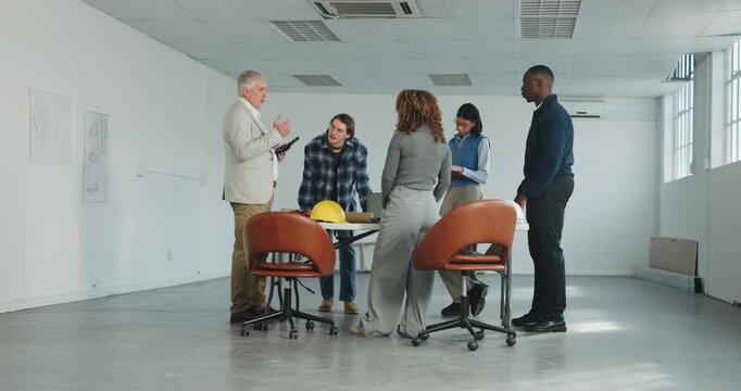 Architect, team or talk in office with tablet for project scope, construction cost or building codes. People, architecture and development planning with tech, design revision or engineering budget