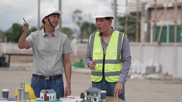 Architect and Civil Engineer Discussing Building Plans with Architectural Models and Blueprint on Worktable
