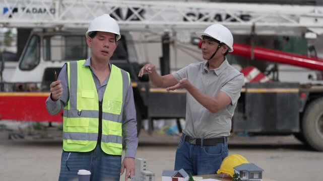 Architect and Civil Engineer Discussing Building Plans with Architectural Models and Blueprint on Worktable