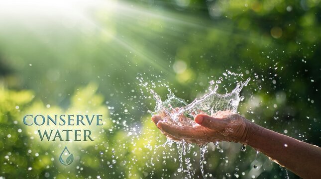 Hands cupping fresh water splashing in sunlight with green nature, conserve water ecology showing purity and sustainability of natural resources for environmental protection