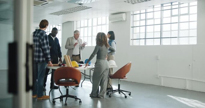 Architect, team and talk in office with manager for project scope, construction cost or delegation. People, architecture and planning in meeting with laptop, design revision or engineering budget