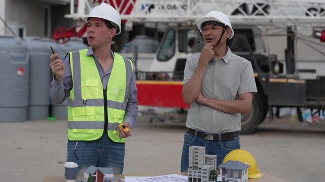 Architect and Civil Engineer Discussing Building Plans with Architectural Models and Blueprint on Worktable