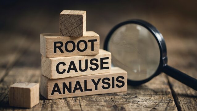 Wooden blocks spelling root cause analysis with a magnifying glass on a rustic background