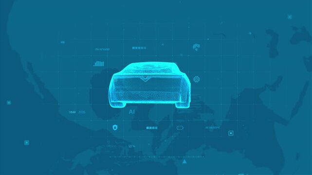 Futuristic Digital Car: AI-Driven Design Concept with Blue Glow on World Map