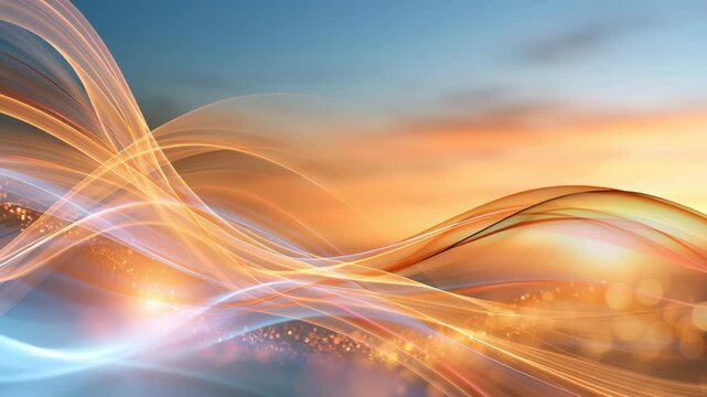 Elegant abstract background with flowing golden light waves, soft blue tones and warm sunset gradients, creating a modern luminous design with copy space.