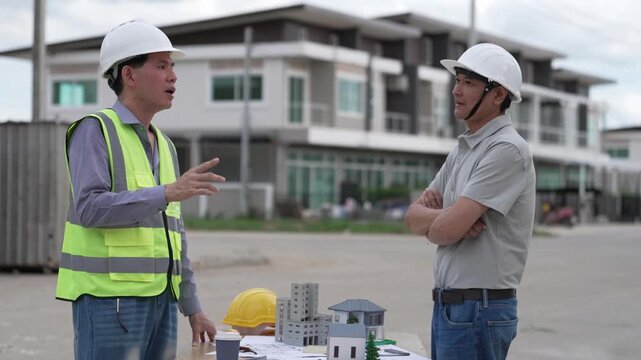 Architect and Civil Engineer Discussing Building Plans with Architectural Models and Blueprint on Worktable