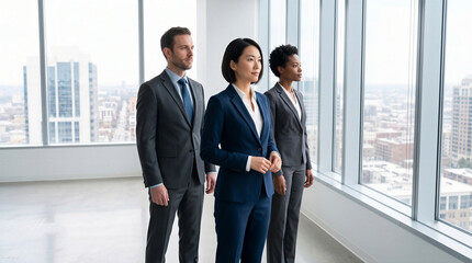 Fototapeta premium Diverse business team of professional executives looking through an office window at the city skyline