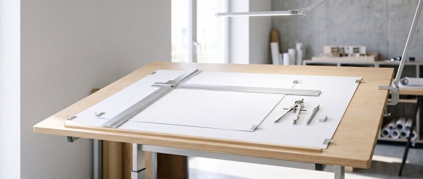 Architectural drafting table with t square ruler and technical drawing tools on large white paper sheet in modern bright professional design studio