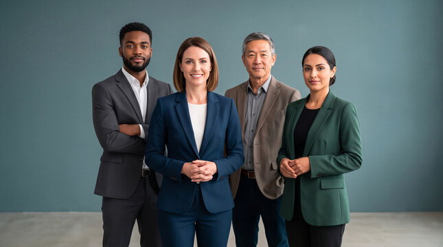 Diverse corporate business team standing together in suits against a solid studio background