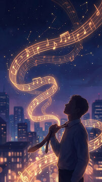 Man Releasing Musical Notes into Night Sky
