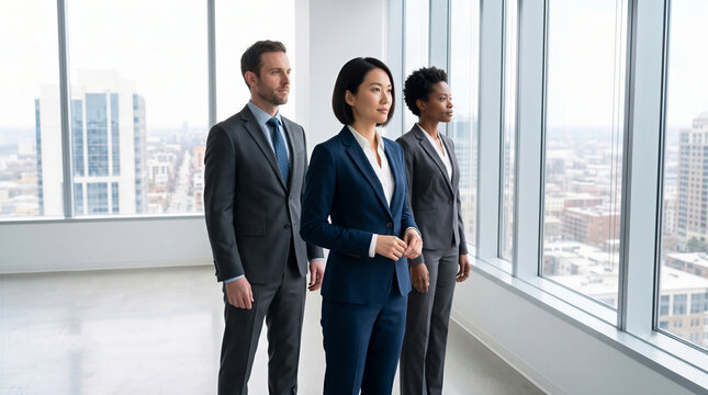 Diverse business team of professional executives looking through an office window at the city skyline
