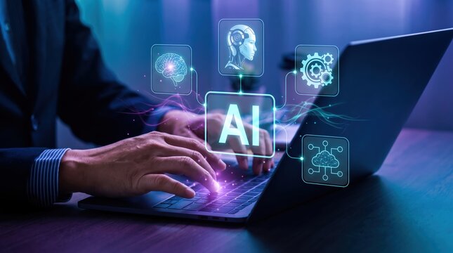 Hands typing on laptop keyboard surrounded by floating AI symbols including brain, robot head, gears, cloud network &mdash; illustrating machine learning, neural networks, automation