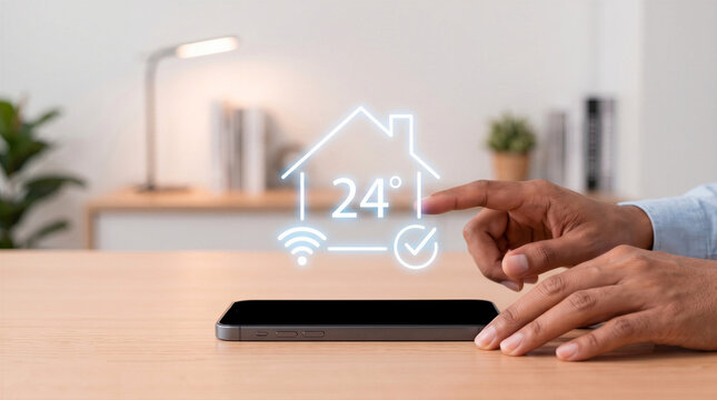 Hands using smartphone to adjust smart home temperature with a glowing digital thermostat hologram. Ideal for IoT and home automation concepts