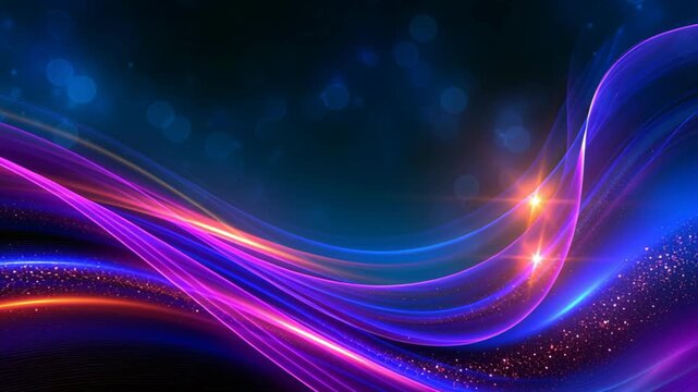 Abstract neon light waves in blue, purple and pink with glowing particles and soft bokeh, creating an elegant futuristic technology background with copy space.