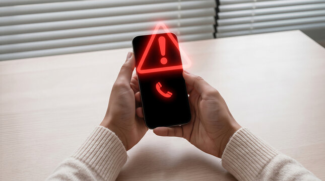 Person holding a smartphone displaying a glowing red warning triangle and phone call icon