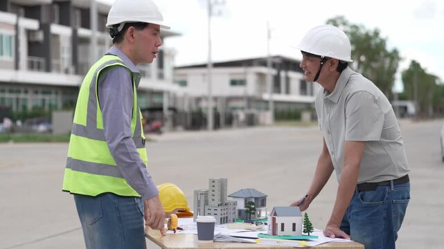 Architect and Civil Engineer Discussing Building Plans with Architectural Models and Blueprint on Worktable