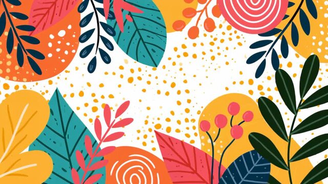 Colorful abstract foliage background with playful tropical leaves, flowers and organic shapes in a bright modern botanical illustration with copy space.