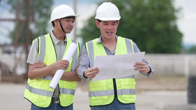 Two Civil Engineers in Hard Hats and Safety Vests Inspecting Construction Site with Blueprint