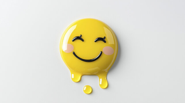 Happy yellow smiley face with glossy finish and dripping effect, conveying joy and positivity