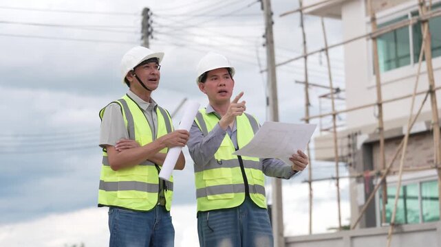 Two Civil Engineers in Hard Hats and Safety Vests Inspecting Construction Site with Blueprint