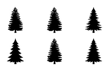 Obraz premium Six Black Pine Tree Silhouettes, Evergreen Forest Icons, Nature Vector Graphics