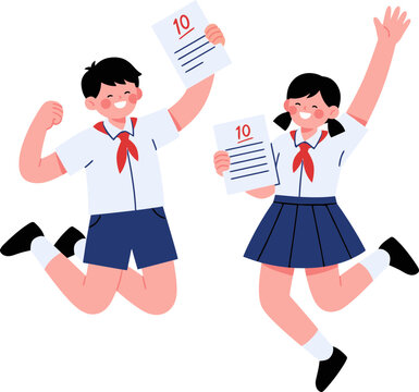 Nam sinh v&agrave; nữ sinh nhảy cao ăn mừng điểm số tốt