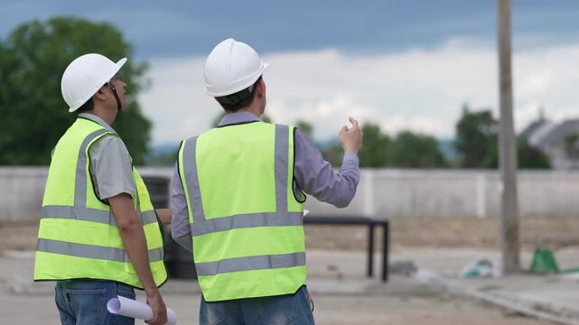 Two Civil Engineers in Hard Hats and Safety Vests Inspecting Construction Site with Blueprint