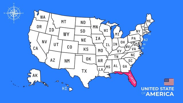 Florida State, USA, vector map isolated on United states map. Editable blank vector map of USA.