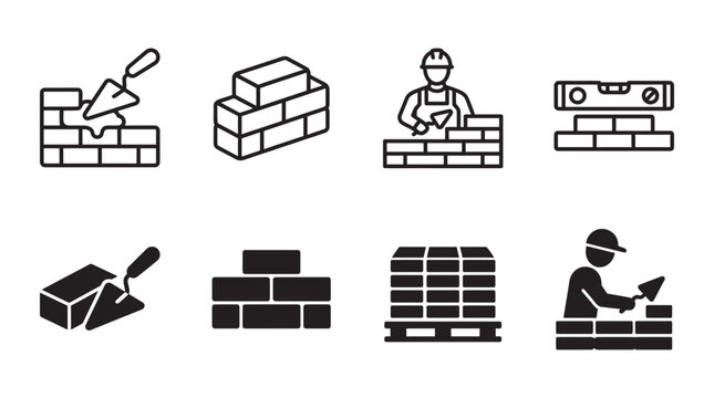 Set of construction icons featuring masonry trowel brickwork builder and leveling tool in linear and solid styles