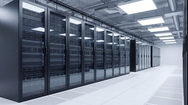 Server room with rows of tall black computer server racks and fluorescent lighting