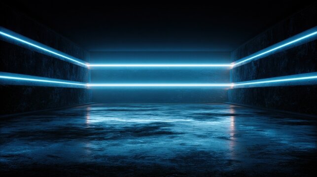 Dark futuristic stage with blue neon bands and wet floor