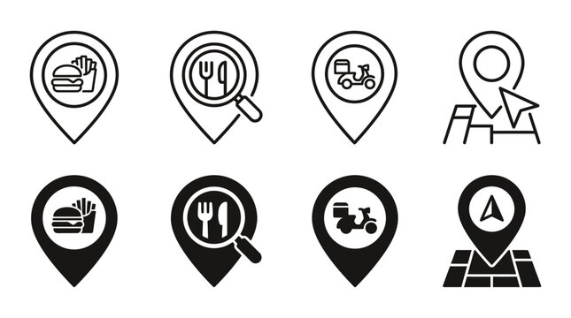Food delivery and restaurant navigation map pin icon collection with location delivery navigation restaurant